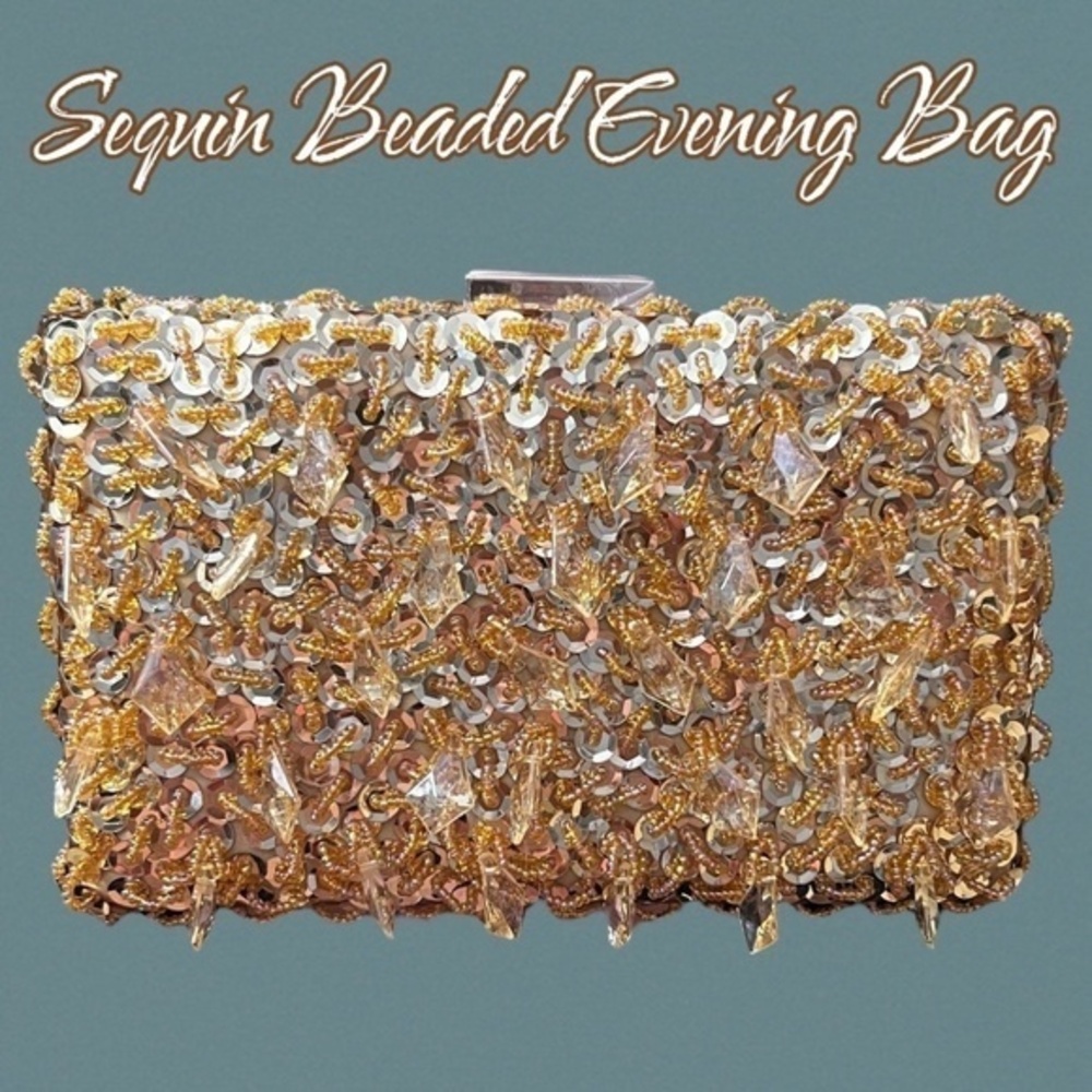 Gold Bead & Sequin Clutch/Shoulder/Crossbody Evening Bag w/Two Chain Straps NWT